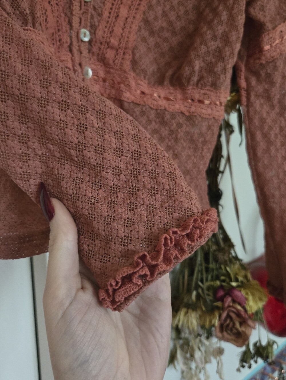 Free People Rust Romantic Button Up Long Sleeved Lace Net Shirt Md - Picture 3 of 5